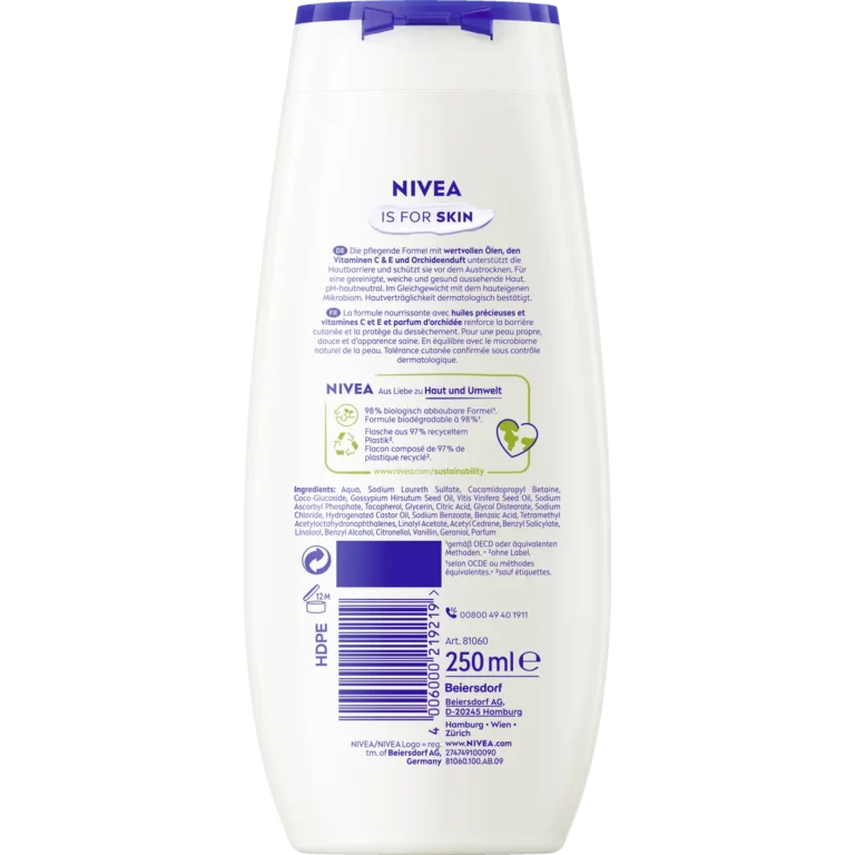 Back of NIVEA Cashmere & Cottonseed Oil Shower Gel 250 ml showing ingredients and product information