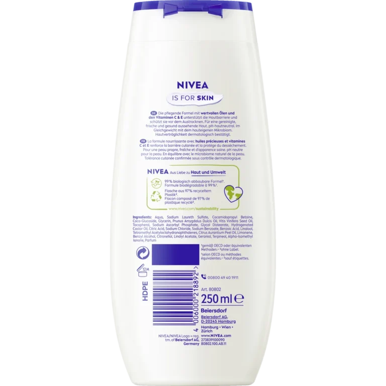 NIVEA Creme Soft & Almond Oil Shower Gel 250 ml with vitamins C and E for gentle daily cleansing - Backside