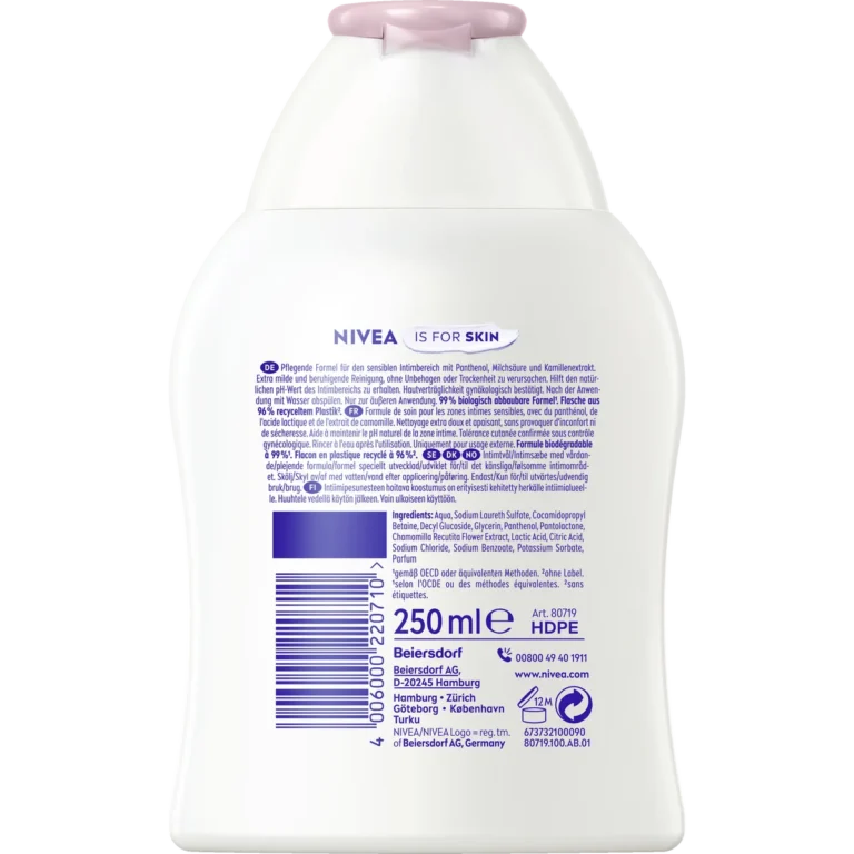 Nivea Wash Lotion Intimo Sensitive, 250 ml NIVEA Intimo Sensitive Wash Lotion 250 ml with panthenol, chamomile extract and lactic acid - Backside