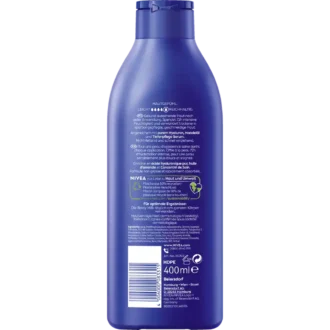 Nivea Rich Nourishing Body Milk, 400ml Back of NIVEA Rich Nourishing Body Milk bottle showing ingredients, 72h moisture claim, and skin compatibility details.