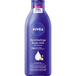 Front view of the NIVEA Rich Nourishing Body Milk 400ml bottle featuring the iconic blue design with Hyaluron and Almond Oil.