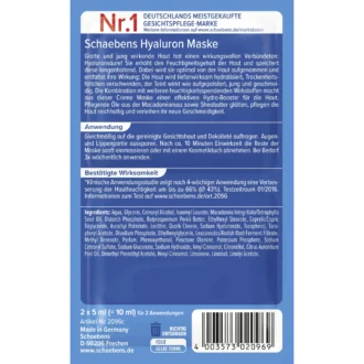 Back of Schaebens Hyaluron Face Mask 2 x 5 ml showing ingredients and product information