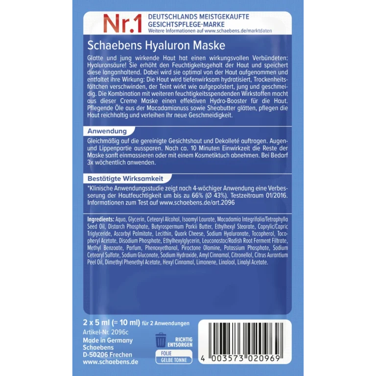 Back of Schaebens Hyaluron Face Mask 2 x 5 ml showing ingredients and product information