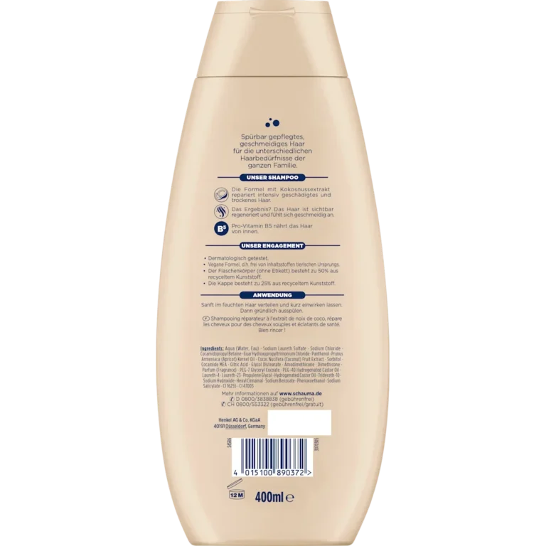 Schauma Repair and Care Shampoo back packaging with product details