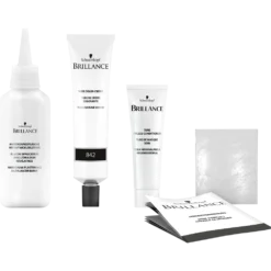 Schwarzkopf Brillance 862 Natural Brown Schwarzkopf Brllance hair dye kit contents including developer bottle, color cream tube, conditioner and gloves