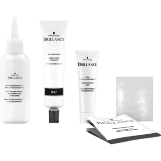 Schwarzkopf Brillance 864 Fawn Brown Schwarzkopf Brllance hair dye kit contents including developer bottle, color cream tube, conditioner and gloves