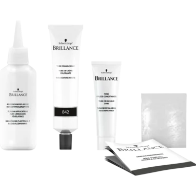 Schwarzkopf Brillance 864 Fawn Brown Schwarzkopf Brllance hair dye kit contents including developer bottle, color cream tube, conditioner and gloves