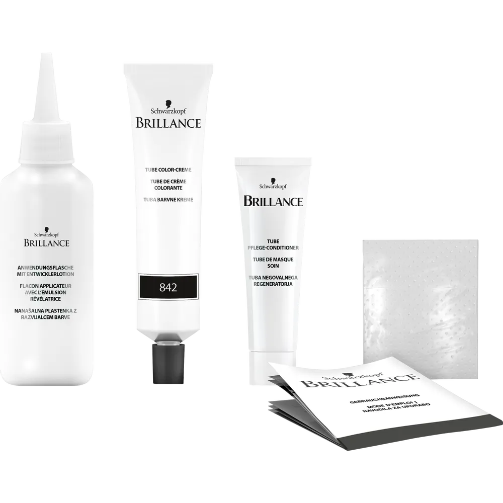 Schwarzkopf Brillance 862 Natural Brown Schwarzkopf Brllance hair dye kit contents including developer bottle, color cream tube, conditioner and gloves
