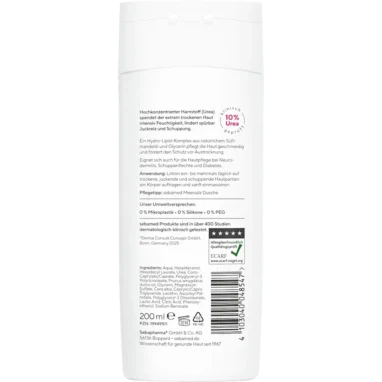 Sebamed Akut Lotion Urea 10% parfumfrei back label with ingredients and instructions