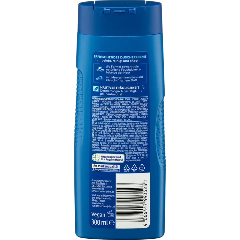 Back of Balea MEN Fresh 3-in-1 Shower Gel 300 ml showing ingredients and product information