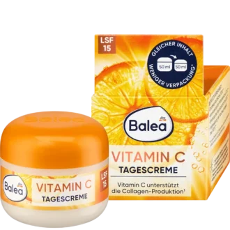 Front view of Balea Vitamin C Face Cream SPF 15 50 ml tin & package