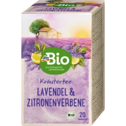 dmBio Lavender & Verbena organic herbal tea 20 bags front packaging