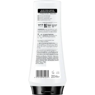 Back of Gliss Total Repair Conditioner showing ingredients and instructions