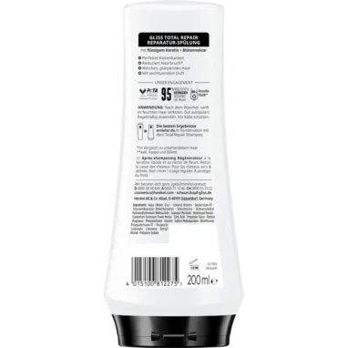 Schwarzkopf Gliss Total Repair Conditioner, 200ml Back of Gliss Total Repair Conditioner showing ingredients and instructions