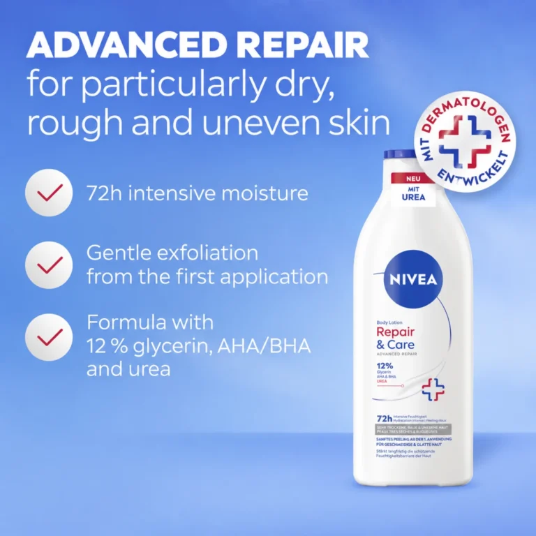 Nivea Repair & Care 72h Body Lotion, 400ml NIVEA Repair & Care Urea Body Lotion 400 ml with 12% glycerin, AHA and BHA for very dry rough skin