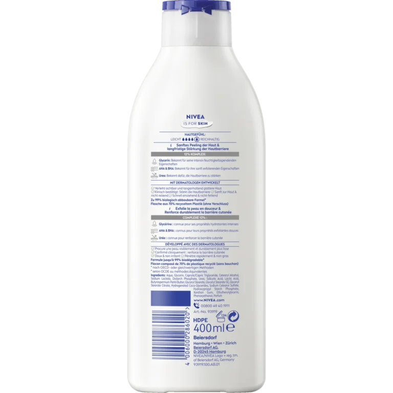 Nivea Repair & Care 72h Body Lotion, 400ml NIVEA Repair & Care Urea Body Lotion 400 ml with 12% glycerin, AHA and BHA for very dry rough skin - Back side