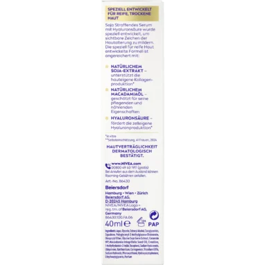 NIVEA VITAL Soy Anti-Age Firming Serum 40 ml – back of packaging with ingredients
