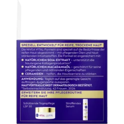 NIVEA VITAL Soy Firming Night Cream, 50 ml NIVEA VITAL Soy Firming Night Cream 50 ml – packaging panel with ingredient benefits and directions
