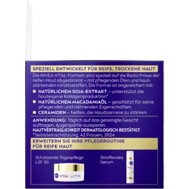 NIVEA VITAL Soy Firming Night Cream, 50 ml NIVEA VITAL Soy Firming Night Cream 50 ml – packaging panel with ingredient benefits and directions