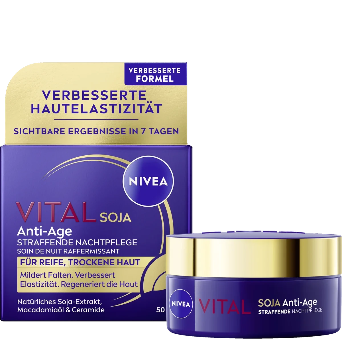 NIVEA VITAL Soy Firming Night Cream, 50 ml NIVEA VITAL Soy Firming Night Cream 50 ml – front packaging with purple cream jar