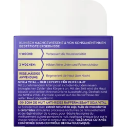 NIVEA VITAL Soy Firming Night Cream, 50 ml NIVEA VITAL Soy Firming Night Cream 50 ml – packaging panel with manufacturer claims and product information