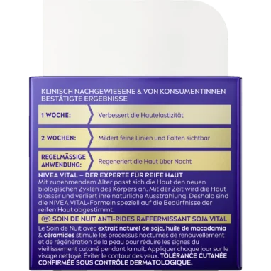 NIVEA VITAL Soy Firming Night Cream, 50 ml NIVEA VITAL Soy Firming Night Cream 50 ml – packaging panel with manufacturer claims and product information