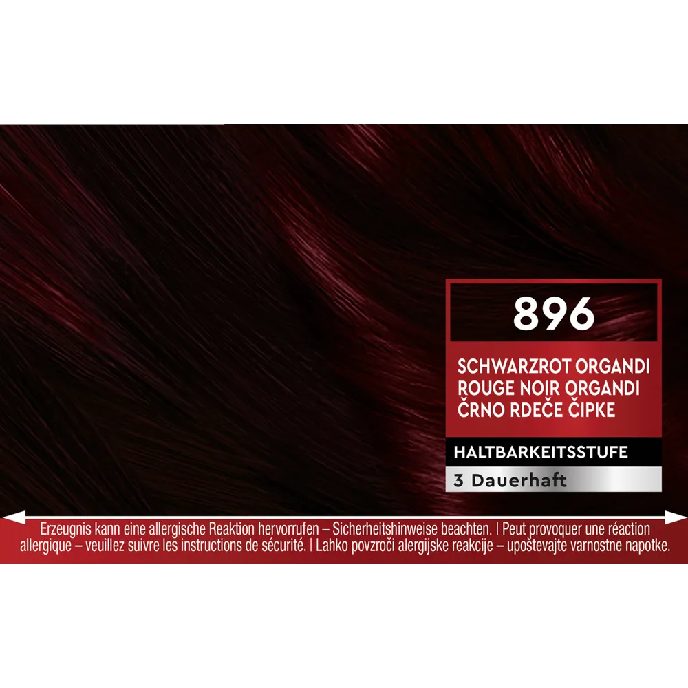 Schwarzkopf Brillance 896 Black Red Organdy Schwarzkopf Brillance 896 Black Red Organdi hair color result swatch showing deep black red hair shade