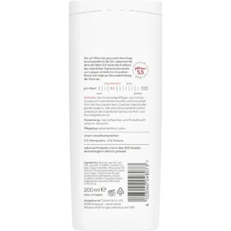 Sebamed Shower Oil back label showing ingredients and usage instructions.