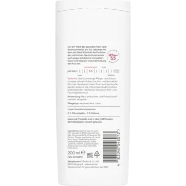 Sebamed Shower Oil back label showing ingredients and usage instructions.