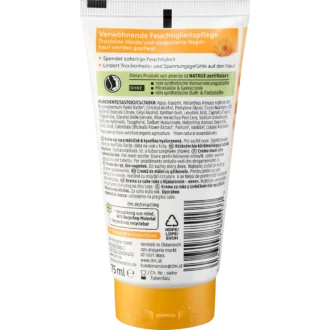 Back of Alverde Calendula & Hyaluronic Acid Hand & Nail Cream 75 ml showing ingredients and product information