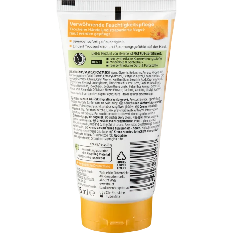 Back of Alverde Calendula & Hyaluronic Acid Hand & Nail Cream 75 ml showing ingredients and product information