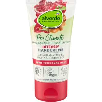 Alverde Pomegranate Intensive Hand Cream, 75ml Front view of alverde Hand Cream Pomegranate & Shea Butter, 75 ml tube.