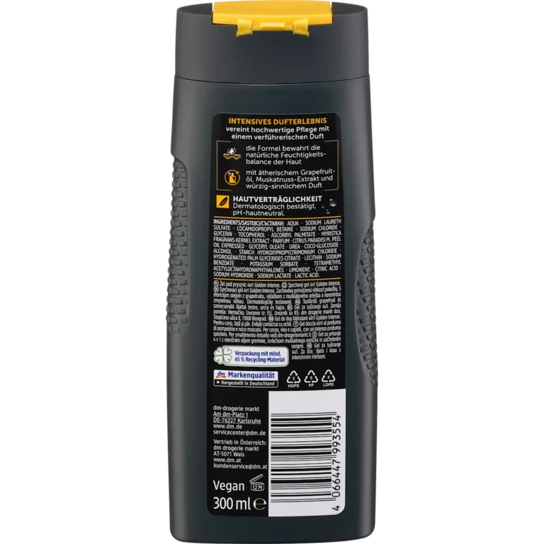 Back of Balea MEN Golden Intense 4-in-1 Shower Gel 300 ml showing ingredients and product information