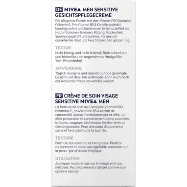Back of NIVEA MEN Sensitive Face Cream tube showing ingredients and usage instructions