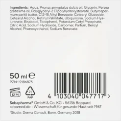 Sebamed Anti-Aging Q10 Protection Cream, 50ml Back of the sebamed Anti-Aging Restructuring Cream Q10 packaging showing the full list of ingredients (INCI) including Retinyl Palmitate and Q10.