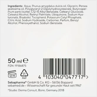 Sebamed Anti-Aging Q10 Protection Cream, 50ml Back of the sebamed Anti-Aging Restructuring Cream Q10 packaging showing the full list of ingredients (INCI) including Retinyl Palmitate and Q10.