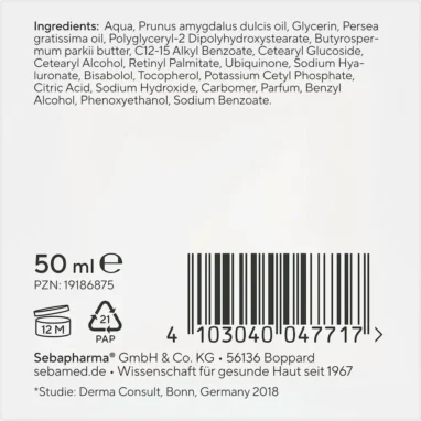 Back of the sebamed Anti-Aging Restructuring Cream Q10 packaging showing the full list of ingredients (INCI) including Retinyl Palmitate and Q10.