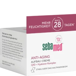 sebamed Anti-Aging Restructuring Cream with Q10 and Vitamin A to reduce wrinkles and support skin regeneration.