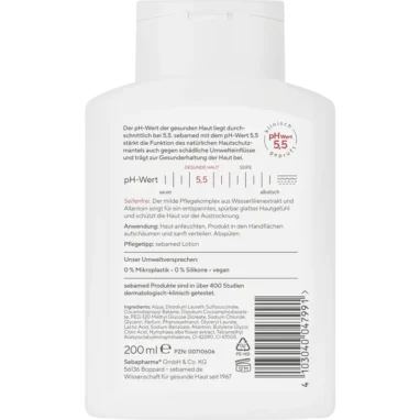 Sebamed Wellness Shower Gel, 200ml Sebamed Wellness Shower back label showing ingredients & usage