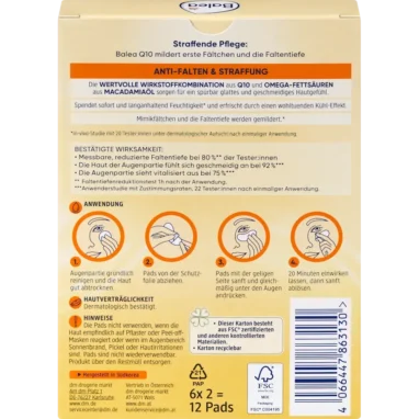 Balea Q10 Anti-Wrinkel Eye Pads, 12pc Ingredient list of Balea Q10 Eye Pads showing Q10 and Lotus Extract