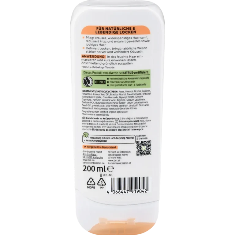 Back of alverde Curl Conditioner 200 ml with ingredients and directions