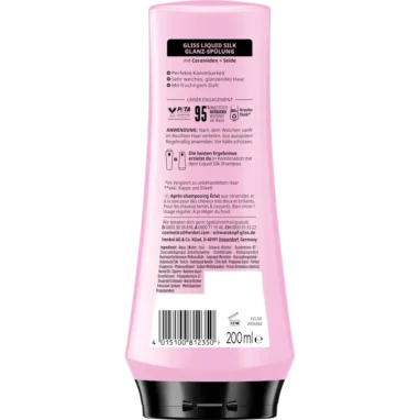 Schwarzkopf Gliss Liquid Silk Conditioner, 200ml Back packaging showing full INCI list and usage instructions
