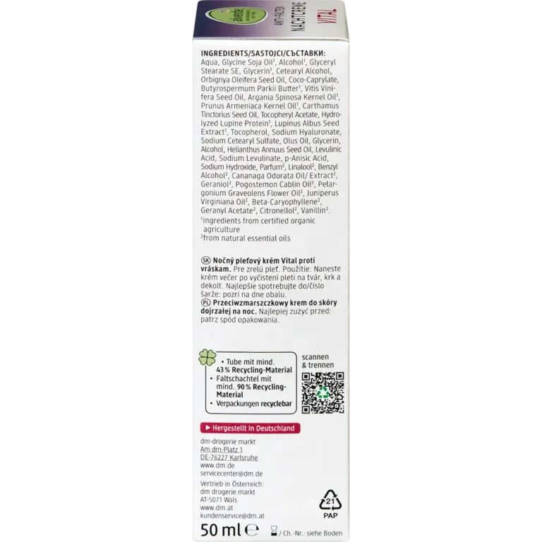 Alverde Vital Anti-Wrinkle Night Cream 50 ml back packaging with product information