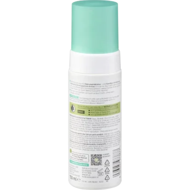 Back of alverde 3-in-1 Sensitive Cleansing Foam bottle showing ingredients and application directions