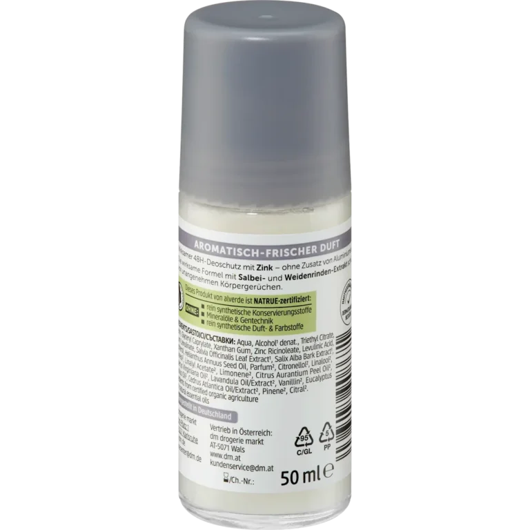 Alverde Invisible Deodorant Roll-On 48h, 50ml alverde Invisible Deo Roll-On back packaging ingredients and details