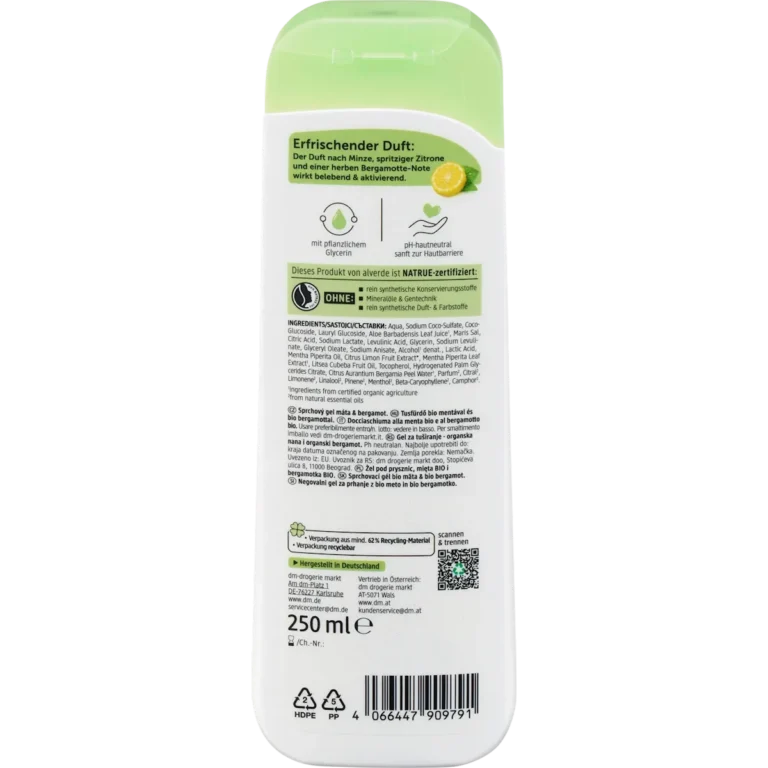 alverde Mint and Bergamot Shower Gel back packaging ingredients and details