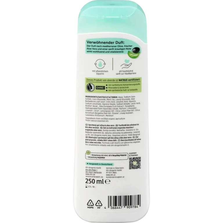 Alverde Shower Gel Olive Aloe Vera, 250ml alverde Olive and Aloe Vera Shower Gel back packaging ingredients and details