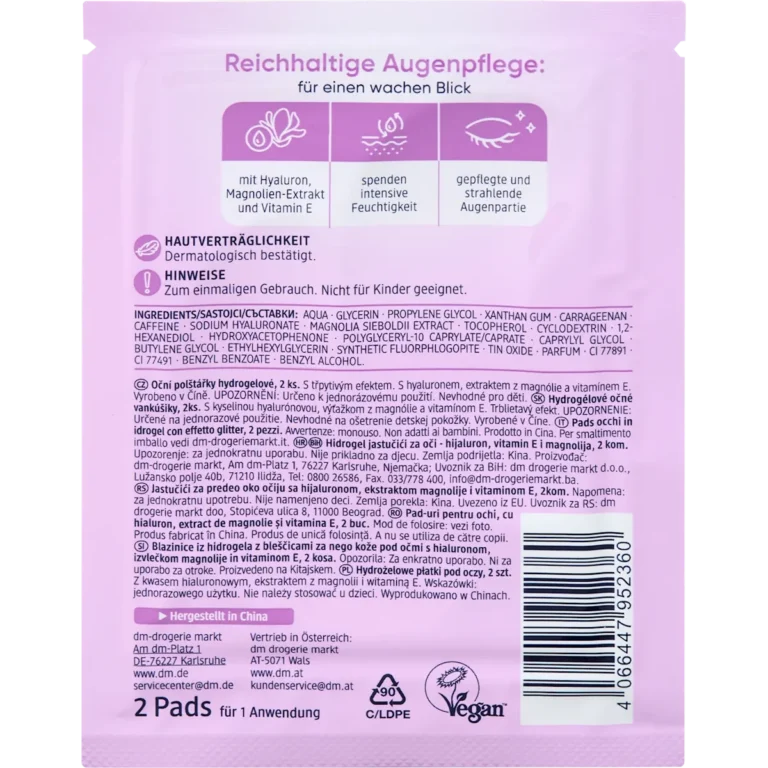 Balea Glitter Hydrogel Eye Pads with hyaluronic acid and vitamin E, 1 pair - Backside