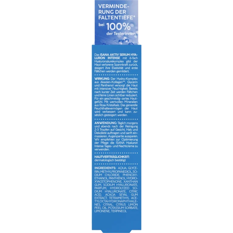 ISANA Hyaluron Intense 6x Hyaluronic Acid Serum, 30 ml Back of ISANA Hyaluron Intense Serum 30 ml showing ingredients and product information