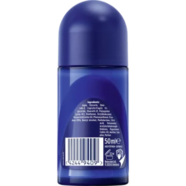 Nivea Men Protect & Care Deodorant Roll On, 50ml Back view of NIVEA Protect & Care Roll-On showing ingredients label